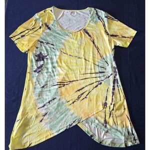 SMYS Women's 2XL Tie Dye Tunic Top Yellow Green Asymmetrical SharkBite Hem Tee